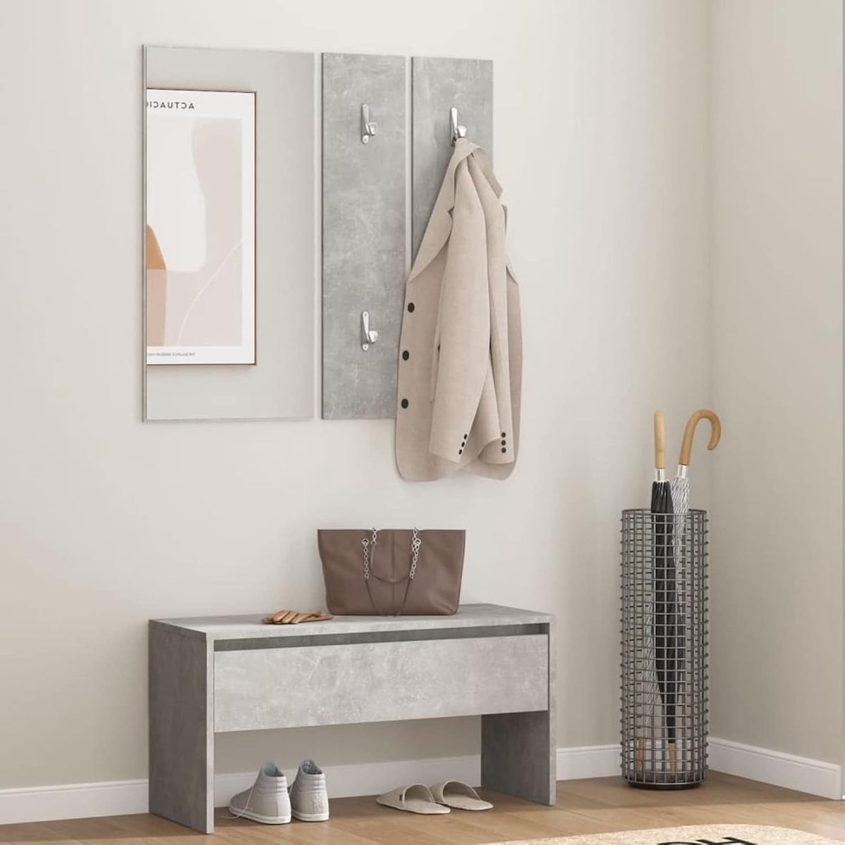Set van gangmeubels, grijs, beton, meerlaags hout, entreemeubel, entreemeubel met spiegel, schoenenkast en kleerhanger, moderne entreemeubel met spiegel