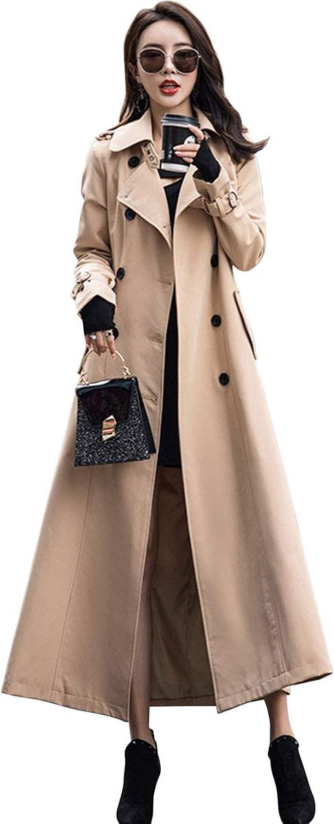 ebossy Trenchcoat met dubbele rij knopen voor dames, slank model, volledige lengte, maxi, lange overjas