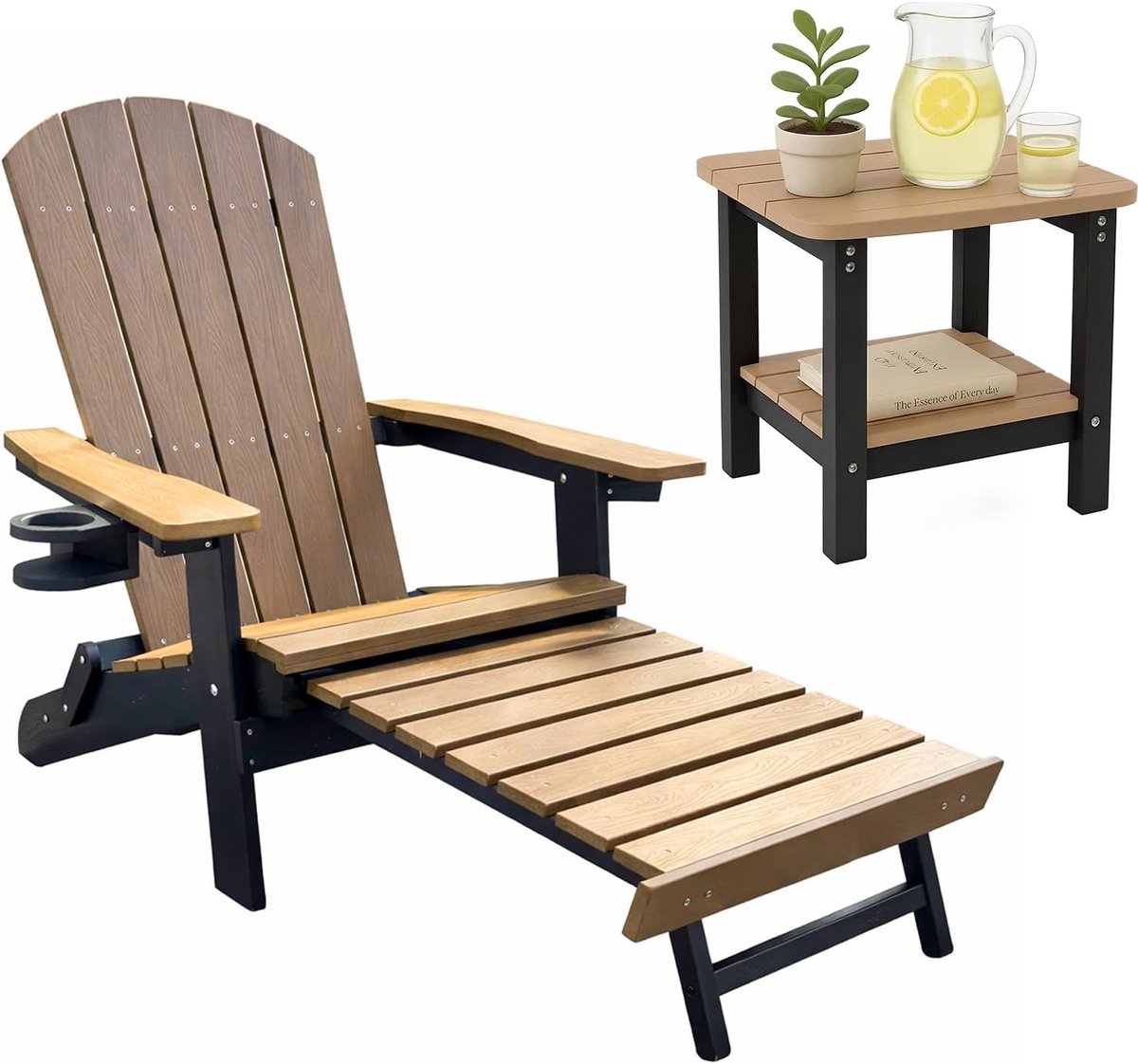 Adirondack loungestoel Arizona, Met voetenbankje, bekerhouder, Hips Plastic, Hout Look - voor balkon, terras, gazon, haard (Bruin&Zwart met Bijzettafel)