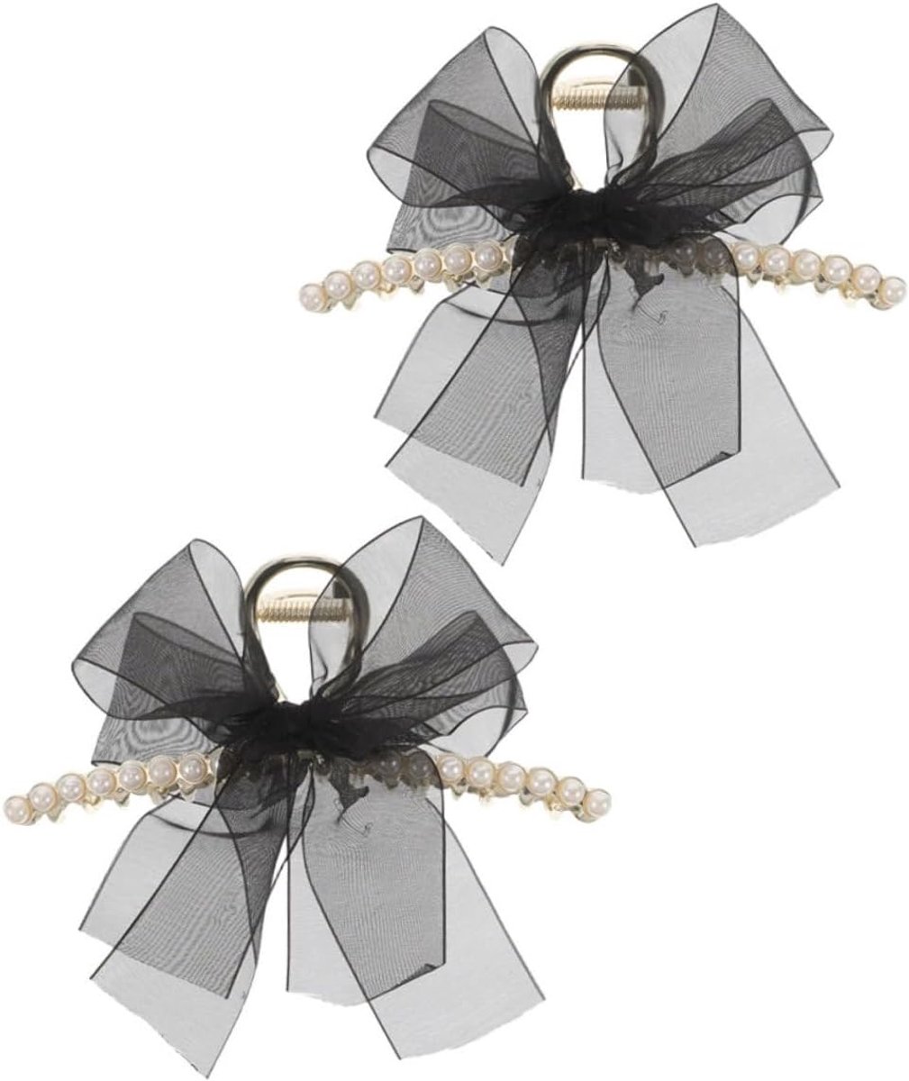 2stuks Zwarte Tulle Strik Haargrijper Met Nep Parels Grote Klemmen Voor Elegante Haarstijlen Speciale Evenementen Geschikt Voor Dikke Dunne Haartypes