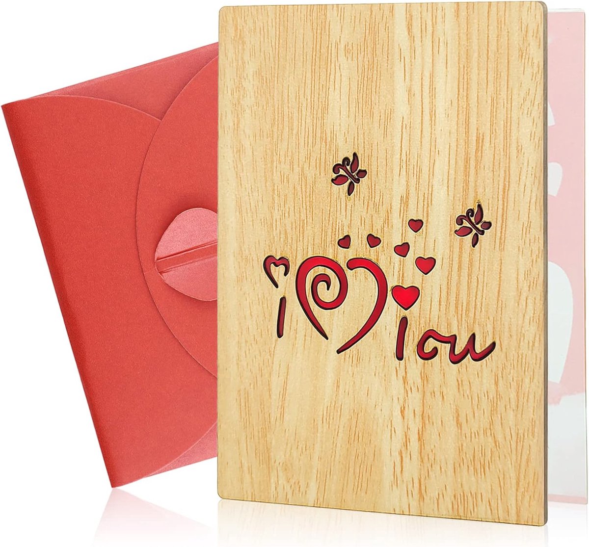 kaart beschrijfbaar, handgemaakte wenskaarten, kaart van bamboe, verjaardagskaarten met envelop, creatieve cadeaubonnen, voor bruiloft, Valentijnsdag, jubileum (liefdespatroon)