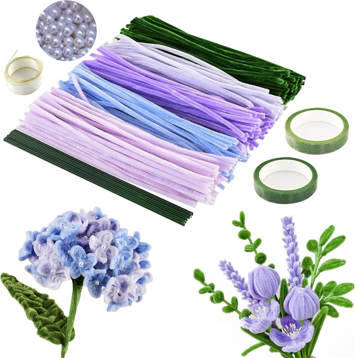 Pijpenreinigerset om te knutselen, 250 stuks, 5 kleuren, pijpenrager, bloemenset, tulpenboeket, pijpenrager, 30 cm lang met filigraan banden, kralen voor boeketten, doe-het-zelf knutselen, Moederdag
