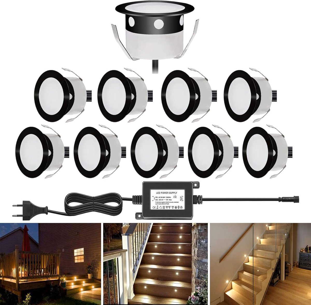 verlichting, inbouwspots voor buiten, IP67, roestvrij staal, zwart, inbouwspots voor terras, hout, plafond, 0,6 W, DC12 V, licht, led-spot, buitenlamp [warm wit, 10 set)