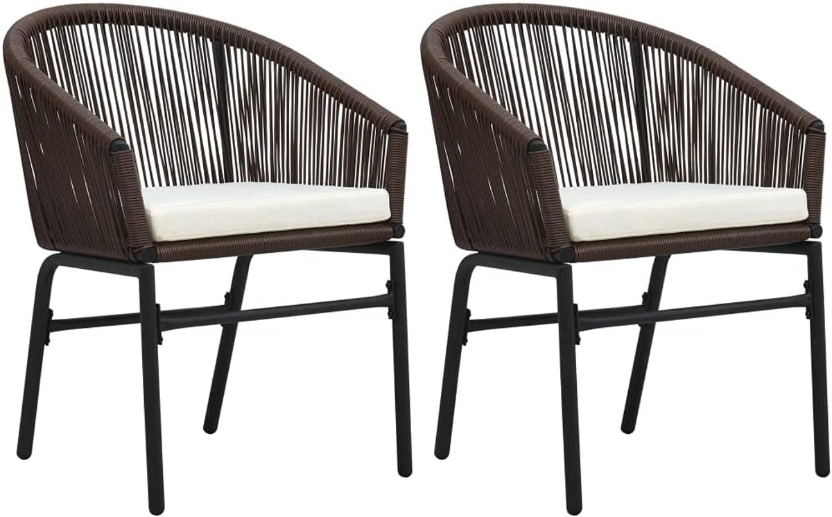 Set van 2 polyrotan tuinstoelen, bruin met zitkussens, gepoedercoat stalen frame, waterdicht polyesterweefsel, moderne stijl, comfort en ontspanning op het terras.
