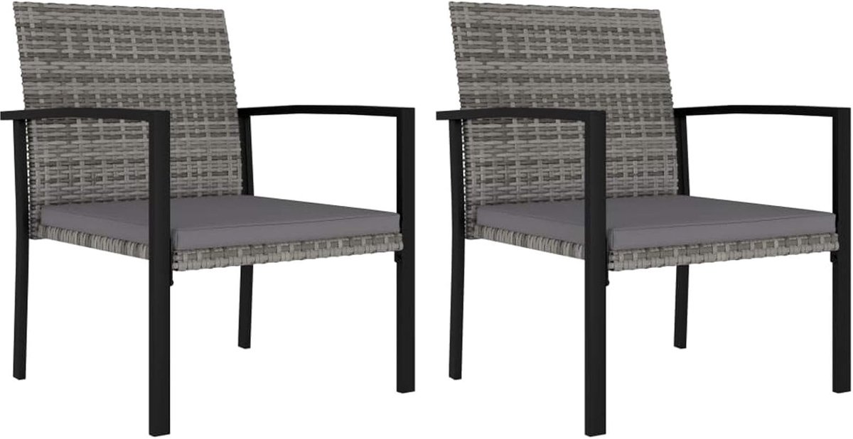 Set van 2 tuinstoelen met kussens met stalen frame, stoel van rotan, voor buiten, voor balkon en tuin, grijs