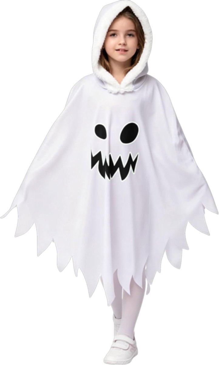 Maat S, bontkap, poncho, Halloween, wit, schattig spookmotief, kostuum voor jongens en meisjes, Halloween, trick or treat