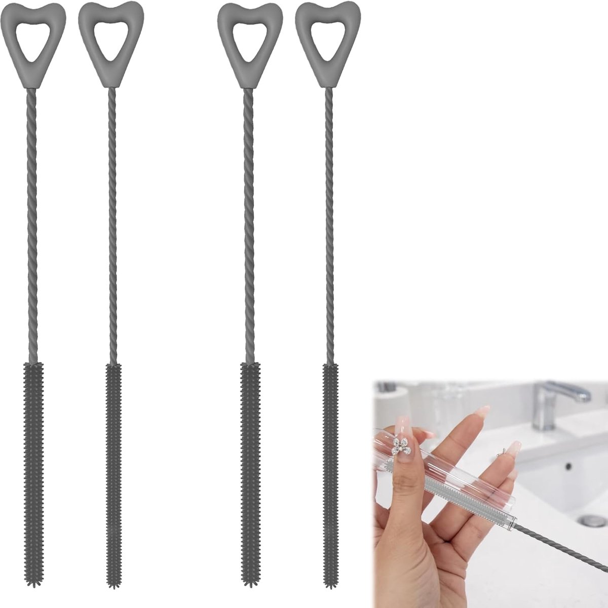 2 stuks rietjesreinigingsborstel, siliconen rietjesborstelset met 6 mm en 9 mm diameter, herbruikbare reinigingsborstel voor glas en metalen rietjes, grijs