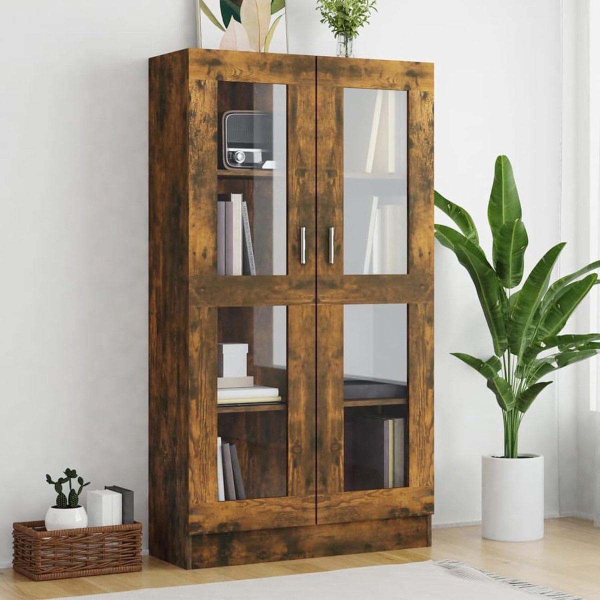 Vitrinekast, boekenkast, archiefkast, kantoorkast, vitrine, kast, boekenkast, staande vitrine, houtmateriaal, rookeiken, 82,5 x 30,5 x 150 cm