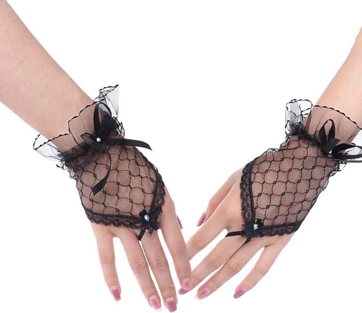 Handschoenen voor bruidsjurken, handschoenen van kant zonder vingers, korte gebreide handschoenen (zwart)