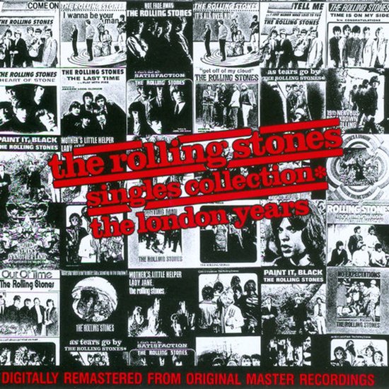 Albumhoes van The Rolling Stones Singles Collection: The London Years, met foto's van bandleden en singlehoezen.