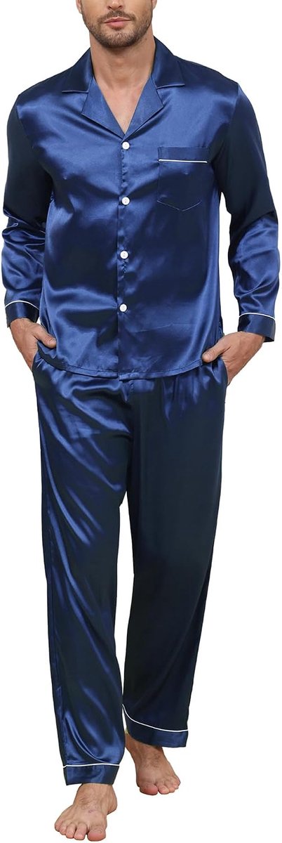 Herenpyjama van zijdesatijn, tweedelige complete set met overhemd met lange mouwen en knopen en elegante broek met zakken luxe homewear