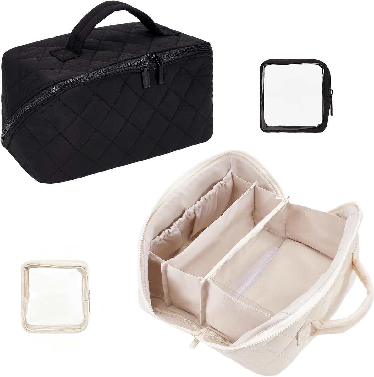 2 stuks make-up reistas, 2 polyester toilettas met ritssluiting en 2 doorzichtige zakjes, Wit, Zwart, Minimalistisch