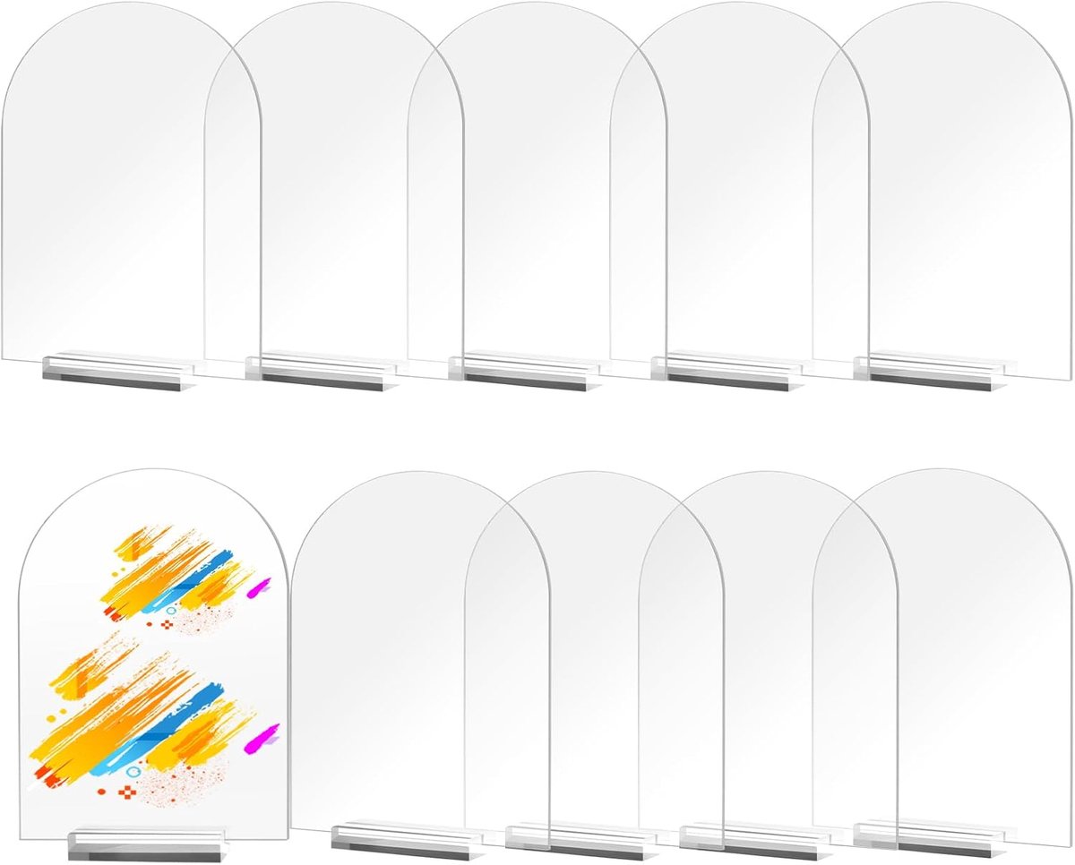 10 stuks doorzichtige boog acrylplaat, transparante tafelnummerkaarten met houderbasis, herbruikbaar trouwbord voor decoratie, feest, jubileum