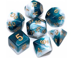 Set van 7 polyedrische dobbelstenen voor D&D Dungeons en Draken, dobbelstenen D20 D12 D10 D8 D6 D4 wit turquoise transparant, accessoire RPG Pathfinder Fantasy avond gezelschapsspellen