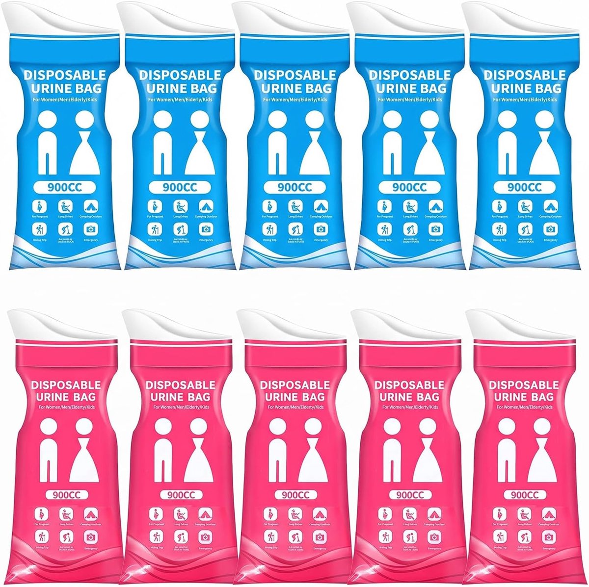10 stuks wegwerp-urinezakken (5 blauw + 5 rood), draagbaar, voor heren, dames, kinderen, met absorberende gel, lekvrij, noodtoilet voor reizen, kamperen en verstoppingen