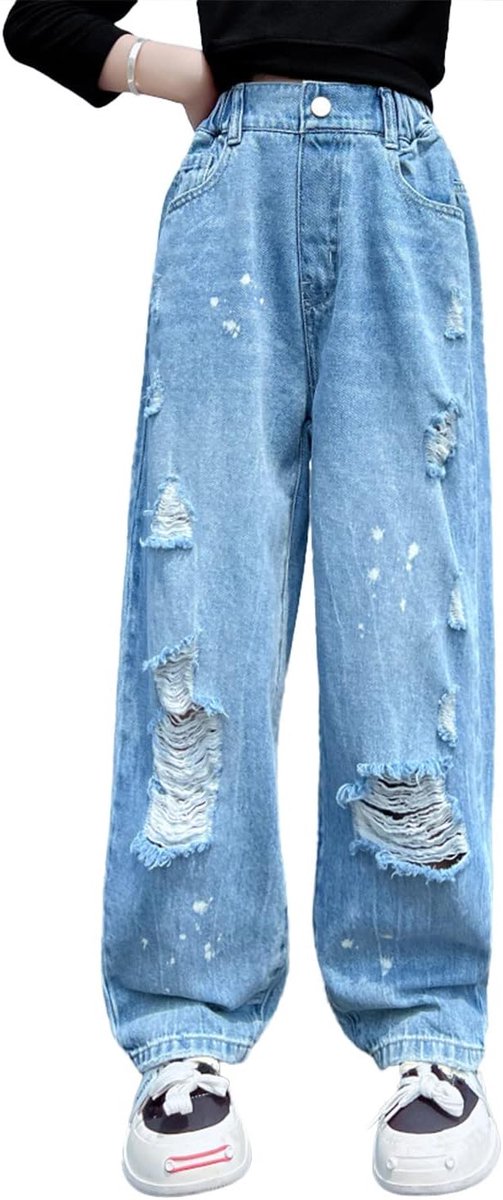 Jeans voor meisjes met losse elastische denim tailleband, blauwe spijkerbroek met modieuze scheuren
