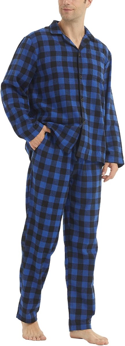 Pyjama voor heren, katoen, geruit, loungewear met zak, top en broek met lange mouwen, 2-delige zachte nachtkleding, warme winterpyjama's