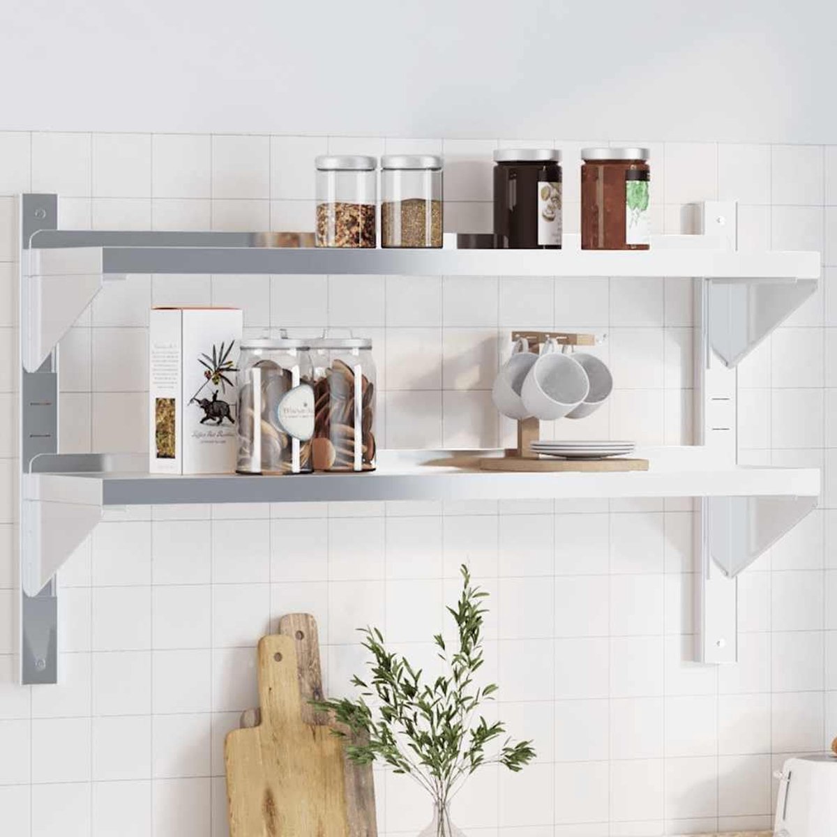 Wandrek met 2 planken, 100 x 23,5 x 60 cm, zilverkleurig, roestvrij staal, zwevende plank, opbergruimte, verhoogde randen, montagetoebehoren