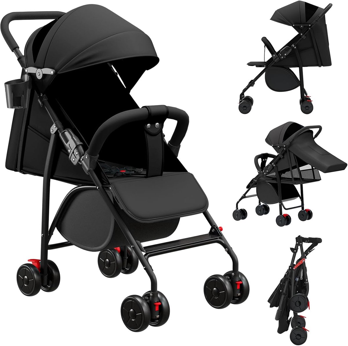 Compacte kinderwagen, 4 wielen, 0-4 jaar, met luifel en muggennet, bekerhouder, 70 kg