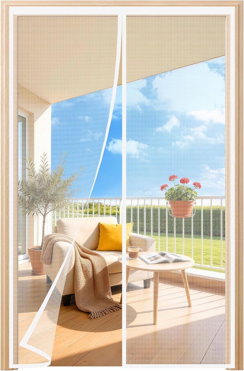 Balkondeur 95x215cm - Magneethor Deur Zonder Boren - Wit - Lichtdoorlatend - Scheurvast Polyester - Insectenwerend - Eenvoudige Montage - Niet Verkortbaar