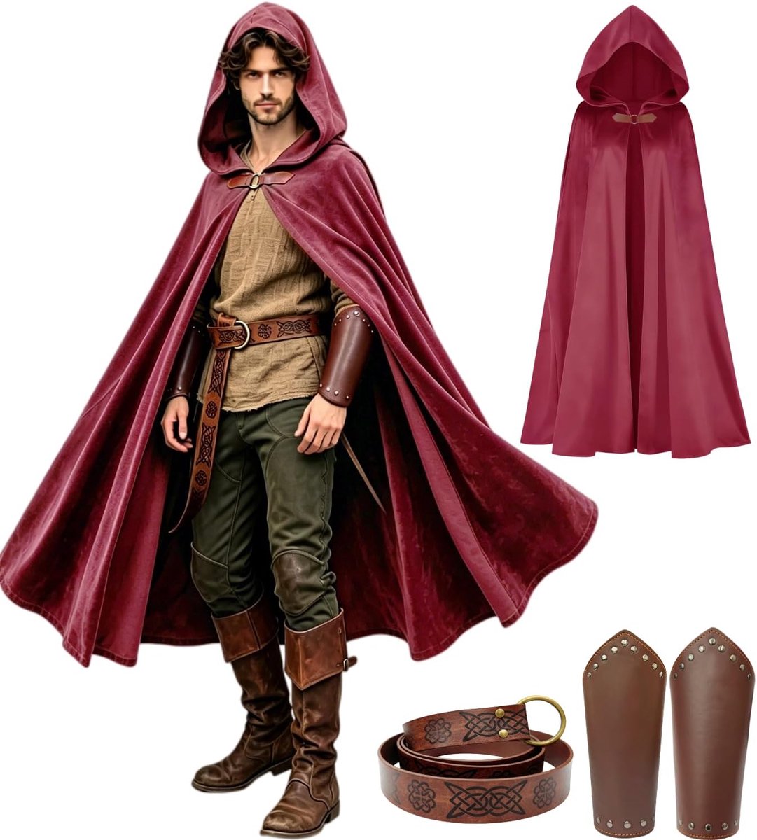 Vikingcape met capuchon, renaissance, mantel met capuchon, kostuum, riem, riemtas, hoofdtooi, set heksenoutfit, cape voor Halloween, carnaval, festival, renfair, themafeest, 130 cm
