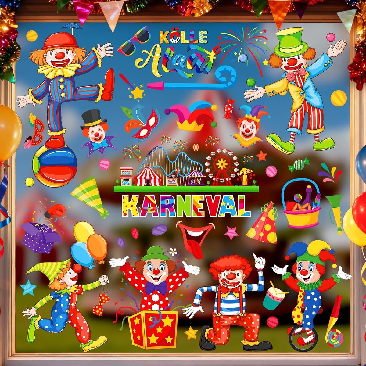 Raamstickers voor carnaval, 100 raamdecoraties, carnaval, voor grote vitrines in clownvorm, herbruikbaar, statische raamdecoratie