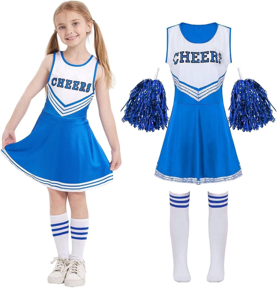 Uniform jurk, cheerleader-kostuum, kinderoutfit, meisjes, met pompons, sokken, Halloween, Kerstmis, carnaval, prinses, verjaardag, party, verkleedkleding