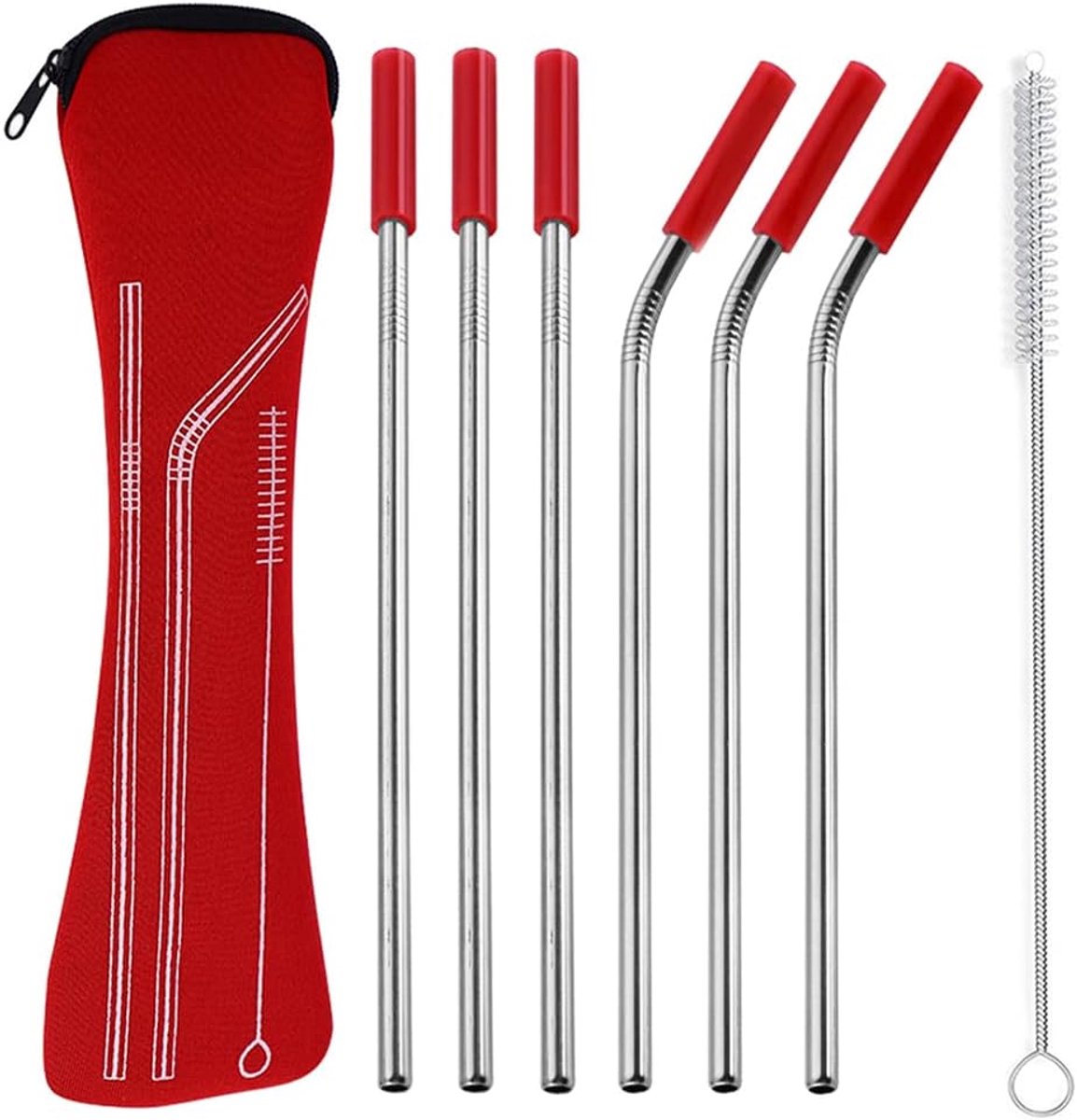 Herbruikbare Roestvrijstalen Rietjes Set met Anti-kras Mond Siliconen Tip, Bot Pack Set (3 Recht/3 Gebogen/1 Borstel/6 Siliconen Mond) - Rood