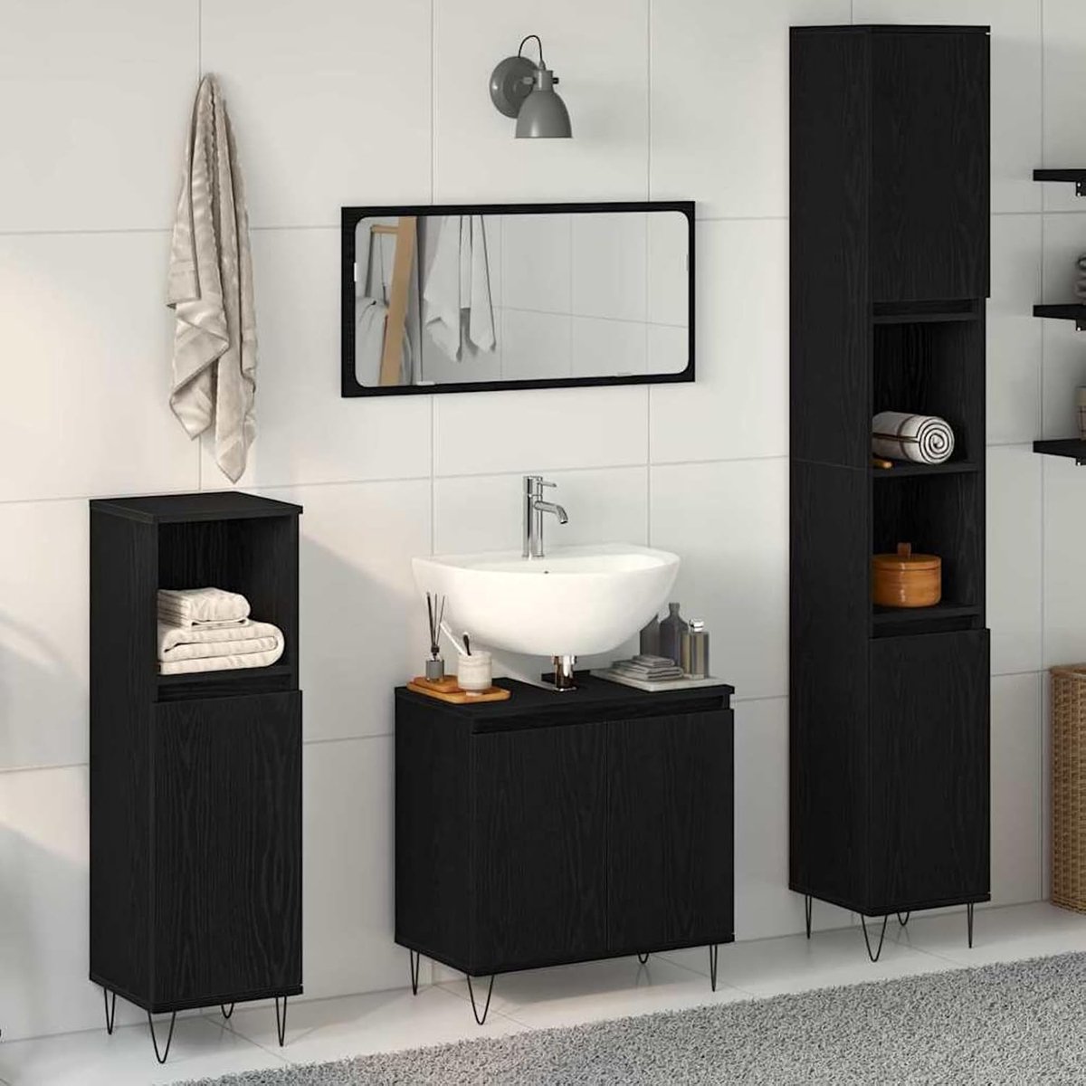 3-delige badkamermeubelset, zwart eiken, houtmateriaal, complete spiegelkast, hoge kast, compleet programma voor moderne badkamer 3333099