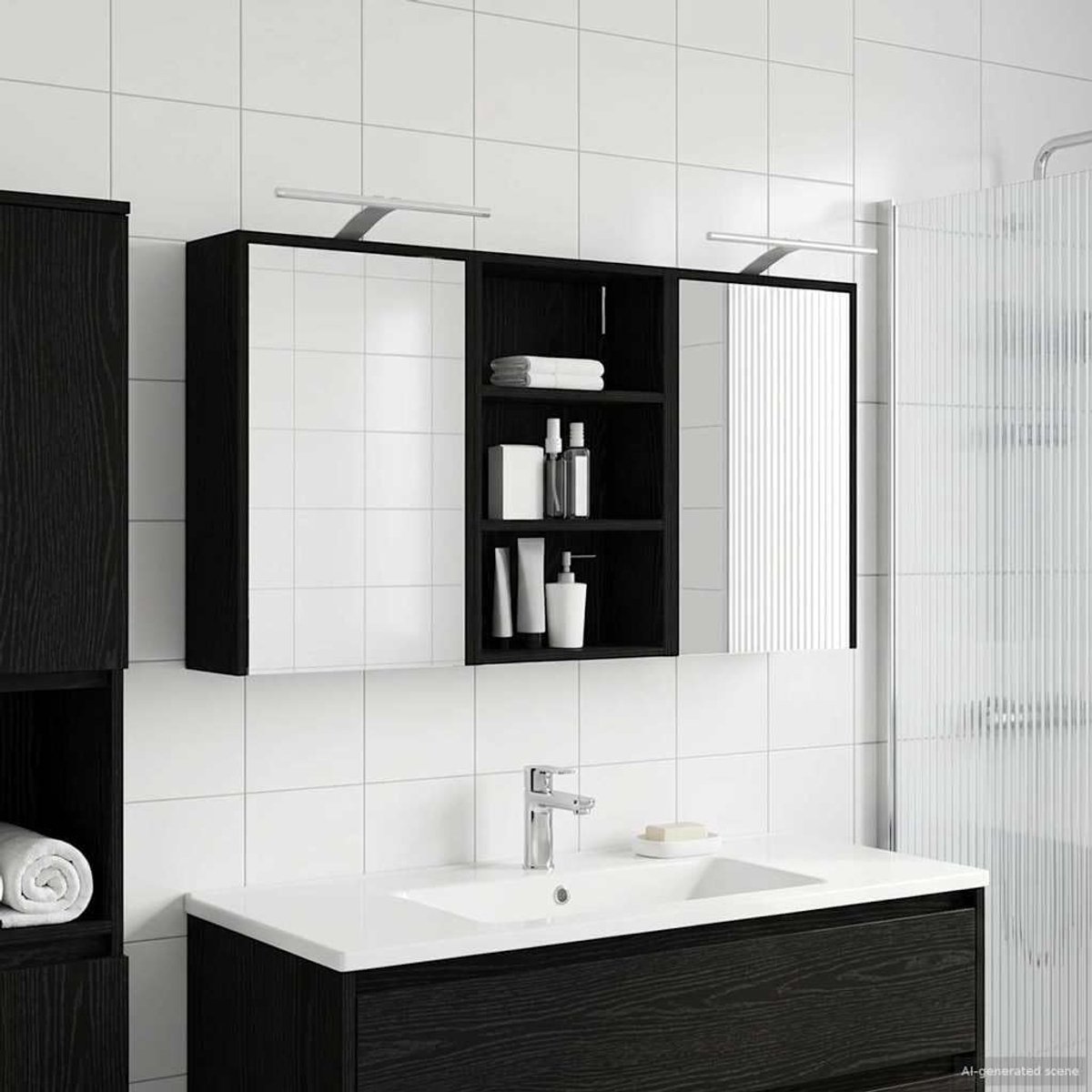 3 stuks 126 x 16 x 62,5 cm van houtmateriaal met ledverlichting en tweerichtingsspiegel, wandmontage badkamerkast met twee glazen deuren voor opbergruimte