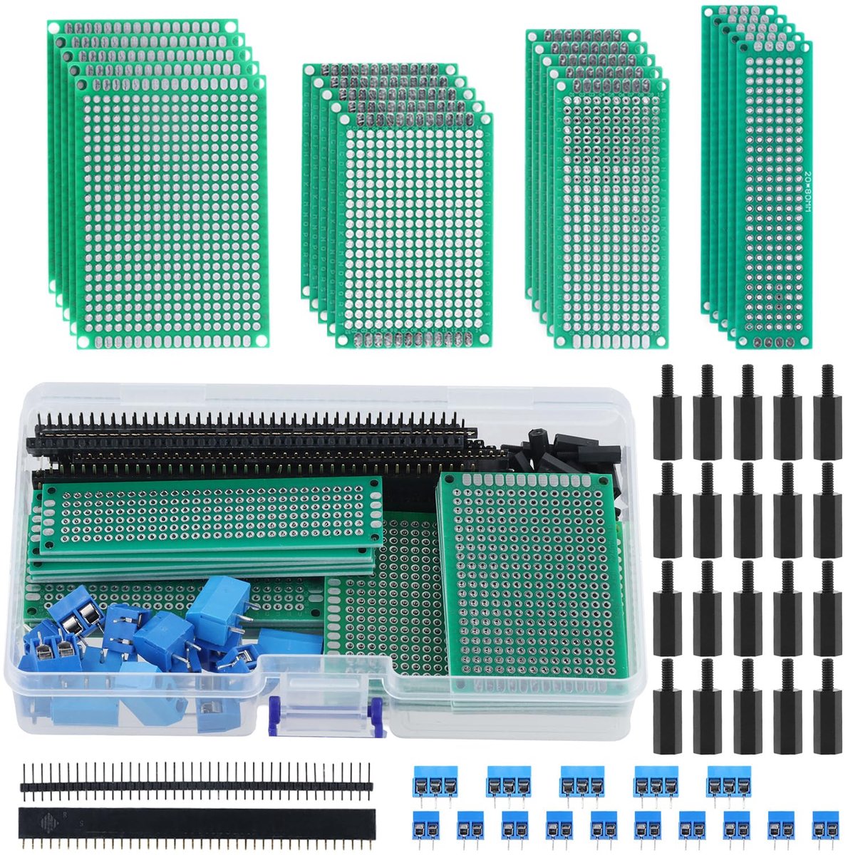 PCB Board Set 75 Stuks - Dubbelzijdige Prototype PCBs - Inclusief Male/Female Strips - Met Schroefklemmen