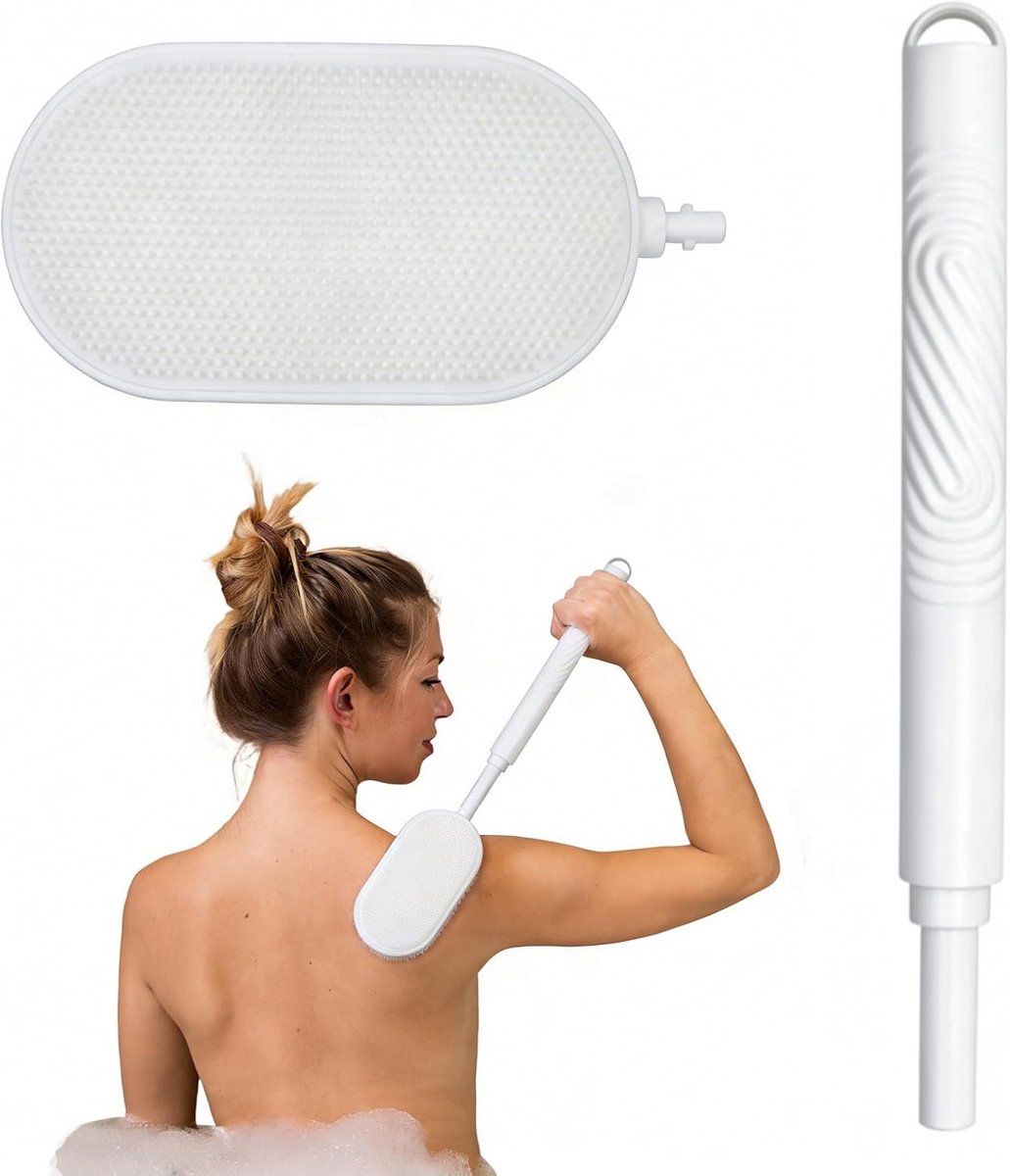 Rugdouche van siliconen met verstelbare handgreep, uittrekbare borstel voor het wassen van de rug en lichaamscrub, scrub, voor douche, badkameraccessoires (wit)
