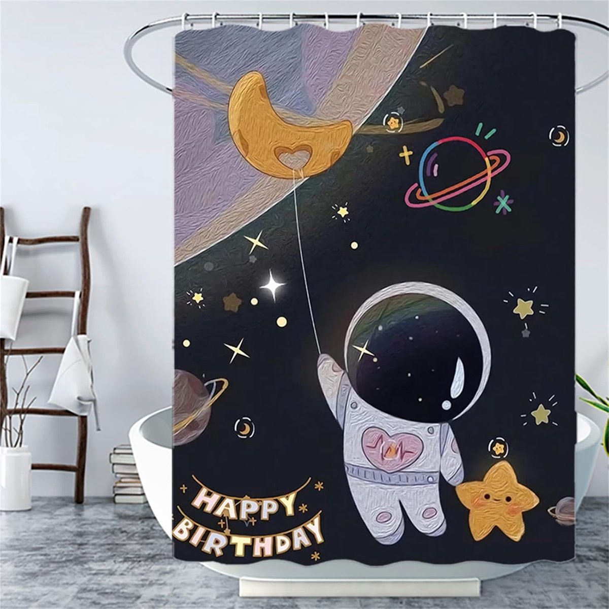 Douchegordijn met haken, astronaut douchegordijn zwaar belastbaar badgordijn voor natte ruimte badkuip douchecabine, verzwaarde zoom, duurzaam en wasbaar, stijlvol en waterafstotend - B120 x L180cm-586
