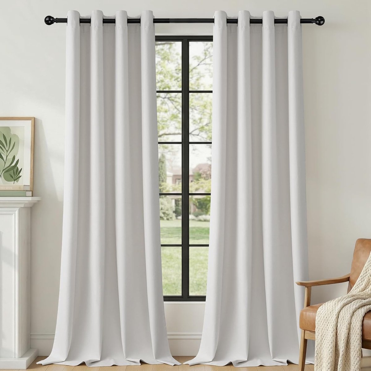 100% verduisterend, linnenlook, H 245 x B 140 cm, Grijswit thermogordijnen met oogjes, set van 2 voor slaapkamer, woonkamer en kinderkamer