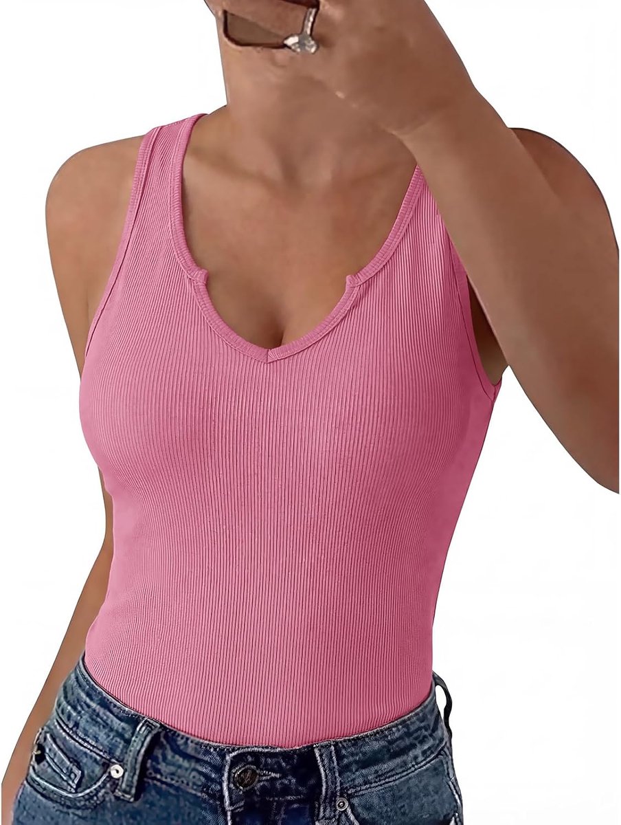 Tops, zomer, V-hals, geribbelde tanktop, sexy slim fit, stretch, mouwloos vest, effen kleur, basic casual hemdje, top, ondershirt voor uitgaan, sport, yoga