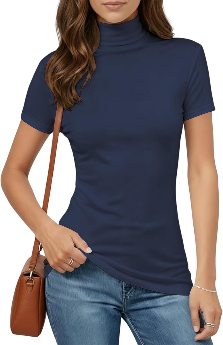 T-Shirt Dames Korte Mouwen met Cols Basic Tops Dames Effen Kleur Elegante Lichtgewicht Stretch Pullover