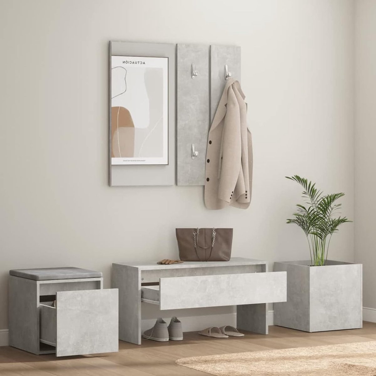 Meubelset met ingang met spiegel, lade, garderobe en schoenenrek, halmeubelset, multiplex, betongrijs 3#