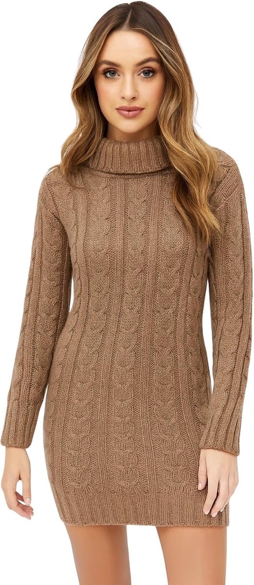 Dames Cowl Polo Neck Kabel Gebreide Jumper Bodycon Tuniek Mini Jurk, Mokka, 42/44 NL