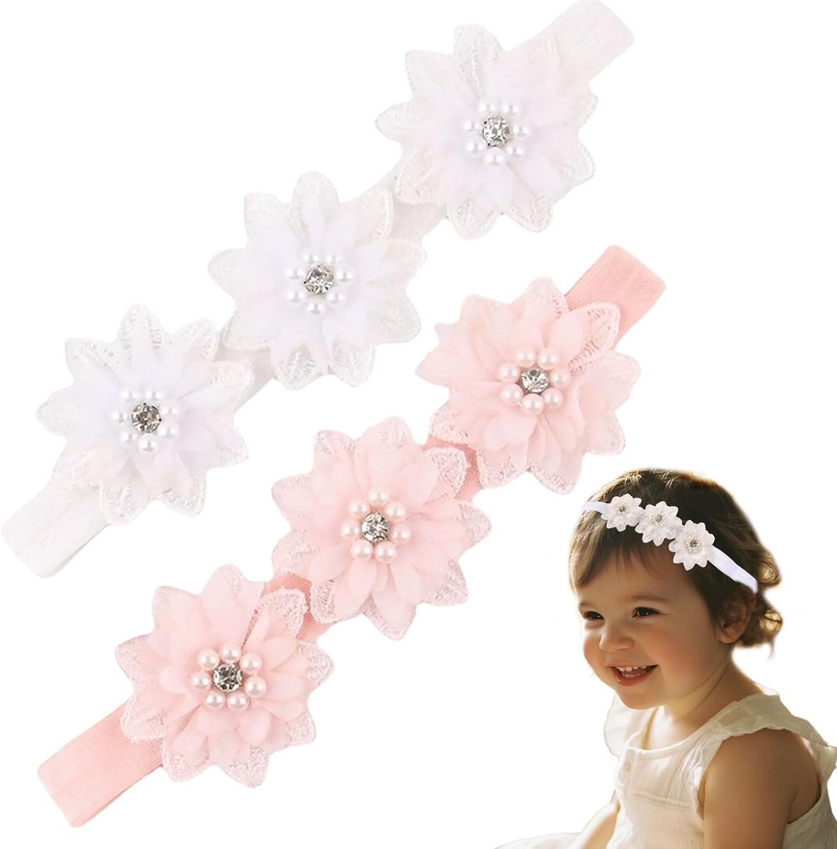 2 stuks babyhoofdband, bloemen, babymeisjes, hoofdband met ripsband, pasgeborenen, peuters, elastische haarbanden, voor feest, doop, bruiloft, familiefoto's, baby's, meisjes, cadeau, fotografie