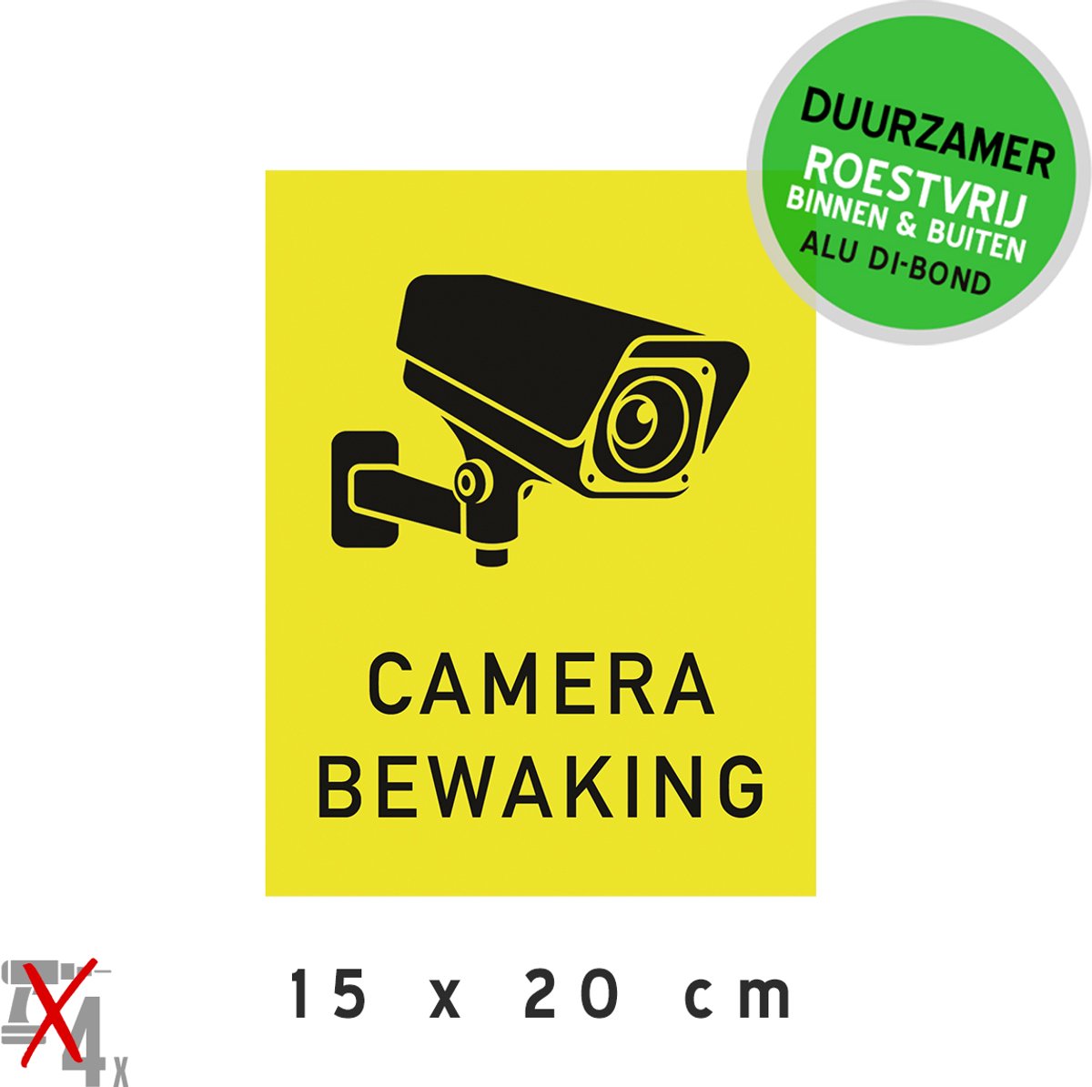 Pictogram/ metaal bord | "Camerabewaking" | 15 x 20 cm | CCTV | Geel | Duurzaam | Camera toezicht | Let op! | Bewaking | Waarschuwing | Roestvrij | 1 stuk