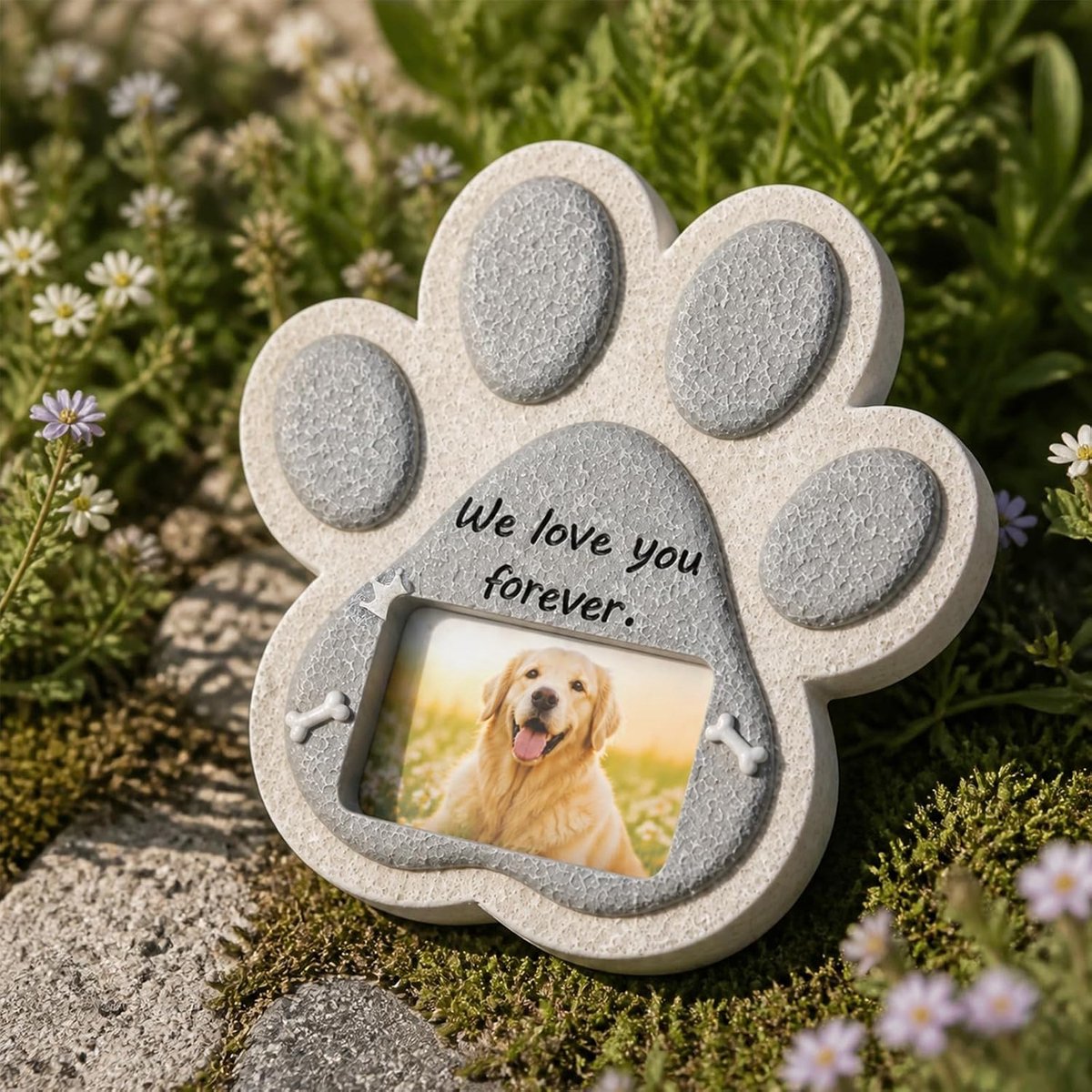 Hond en kat, herdenksteen voor huisdieren van weerbestendig hars, hartvormige dierengrafsteen met fotovak, grafdecoratie en herdenkingsplaat voor tuin, gazon en buiten (bot)