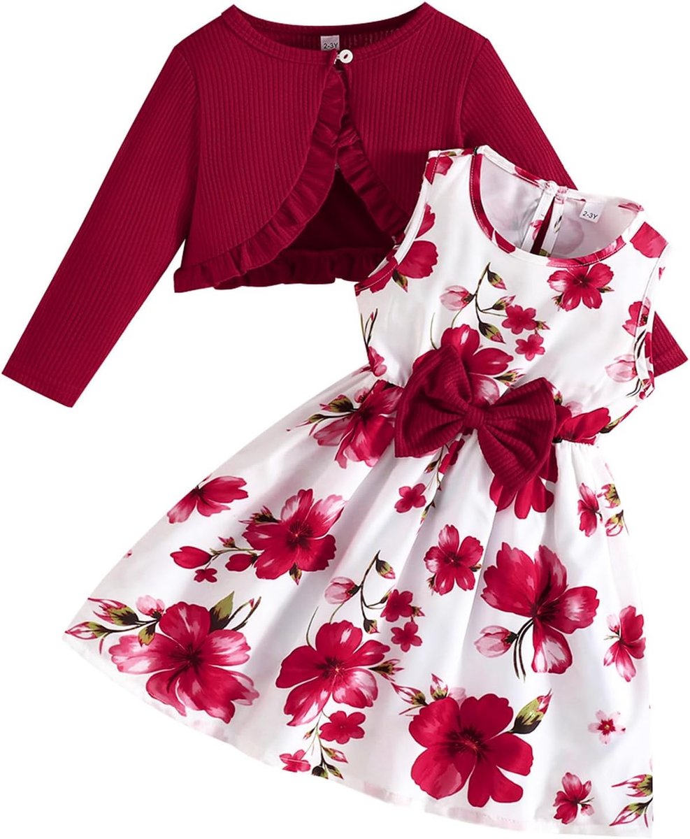 Set voor peutermeisjes met jurk en vest bloemenprint mouwloos jurkje vestje ruches outfit met lange mouwen orvo meisjes van 2-8 jaar