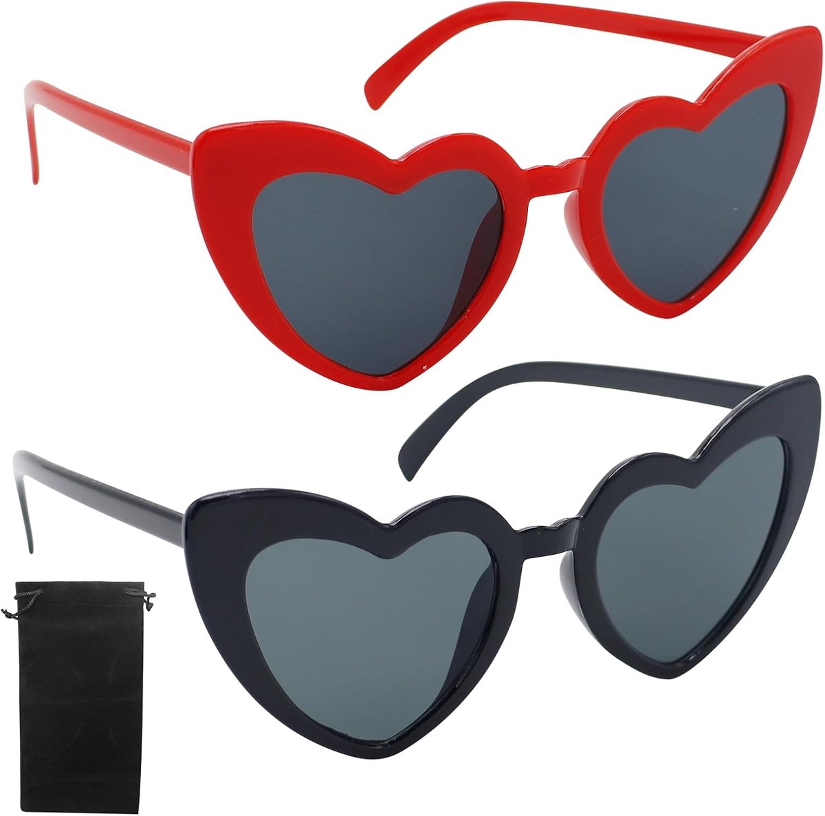 2 stuks, retro kattenoog-hartbril, UV400-zonwering en uv-bescherming, zwarte grijze lens, modieuze bril voor dames, heren, kinderen, feest, reizen, fotoshoot (zwart +