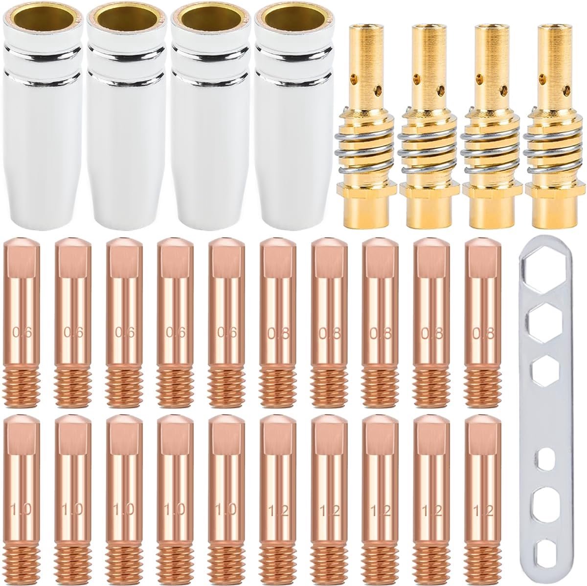 15AK Welding Contact Tips Holders MIG Welder Consumable, M6 Contact Tips 0.6mm, 0.8mm, 1.0mm, 1.2mm, Shield Cup, Welding Gun Accessories for MB15 15AK MIG/MAG Welding Torch (29Pcs)