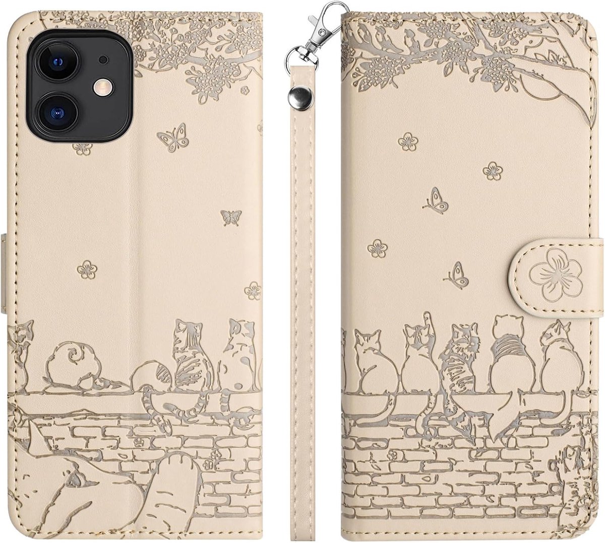 Flip Hoesje voor iPhone 13 Mini/12 Mini, Vlinders Katten Bloemen PU-lederen Klapbare Hoes Telefoonhoesje Portemonnee Hoesje Case met Kaarthouder Standaard Magneetsluiting, Beige