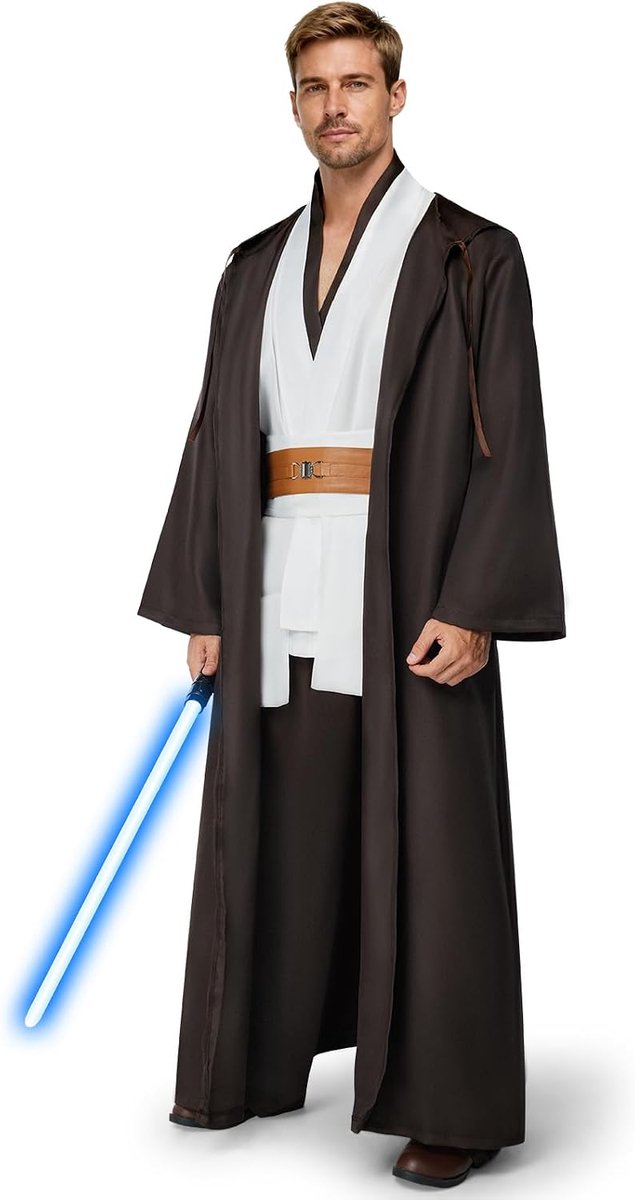 Jedi-kostuum voor heren, jedi-gewaad, set jedis-outfit, volwassenen, voor volwassenen, met blauwe lichtzwaar, capuchon en middeleeuwse tuniek voor Halloween, carnaval
