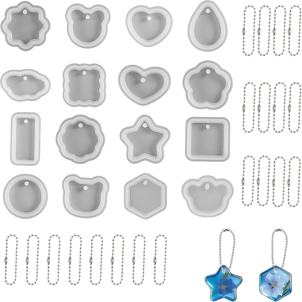Set voor zelfgemaakte hangers: 16 unieke vormen (sterren, hartjes, dieren), flexibele siliconenmallen voor makkelijk demoulden, inclusief 20 kettinkjes. Ideaal sieraden, sleutel
