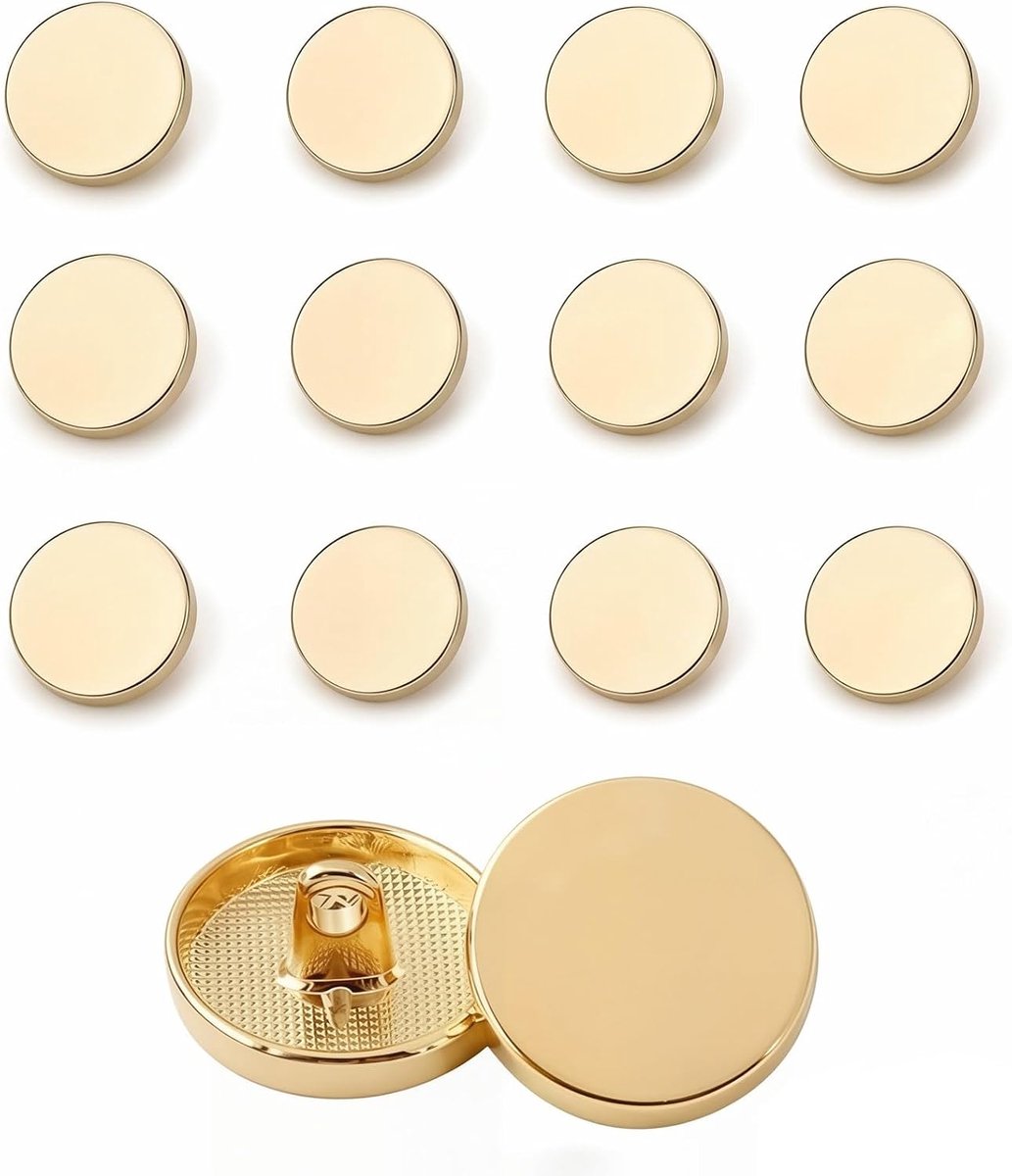 Knopen om te naaien, 15 mm, metalen platte knopen, goudkleurig, glanzende metalen knopen om te naaien voor blazer, pak, jas, overhemd, doe-het-zelf knutselen, lichtgoud