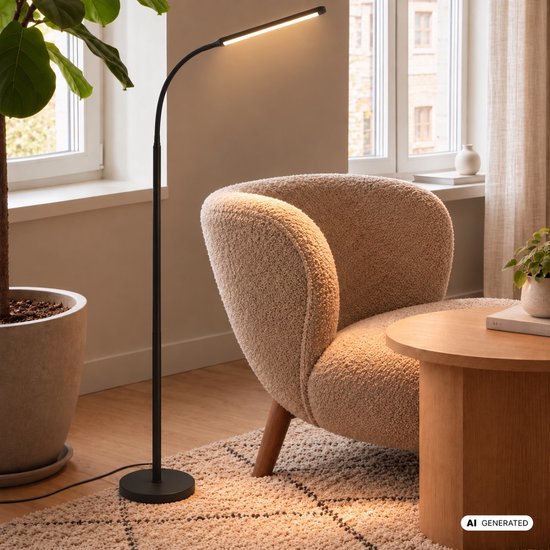 Lampadaire LED noir moderne avec bras flexible et commande tactile, à côté d'un fauteuil beige et d'une table d'appoint en bois.