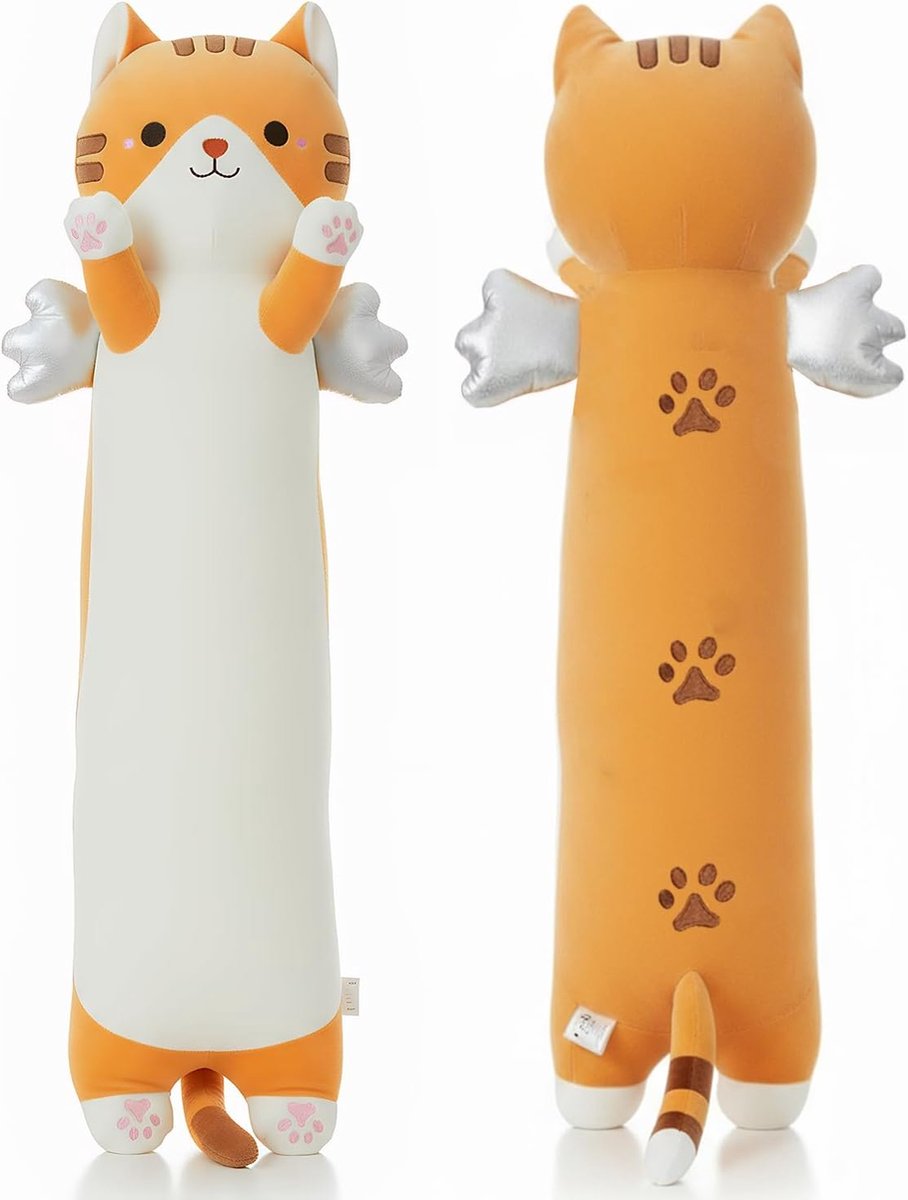 Knuffeldieren, kattenkussen, lang, XXL vleugelkatten, knuffeldieren, zachte kat, Kawaii groot pluche dier, kinderen en volwassenen (geel, 60 cm)
